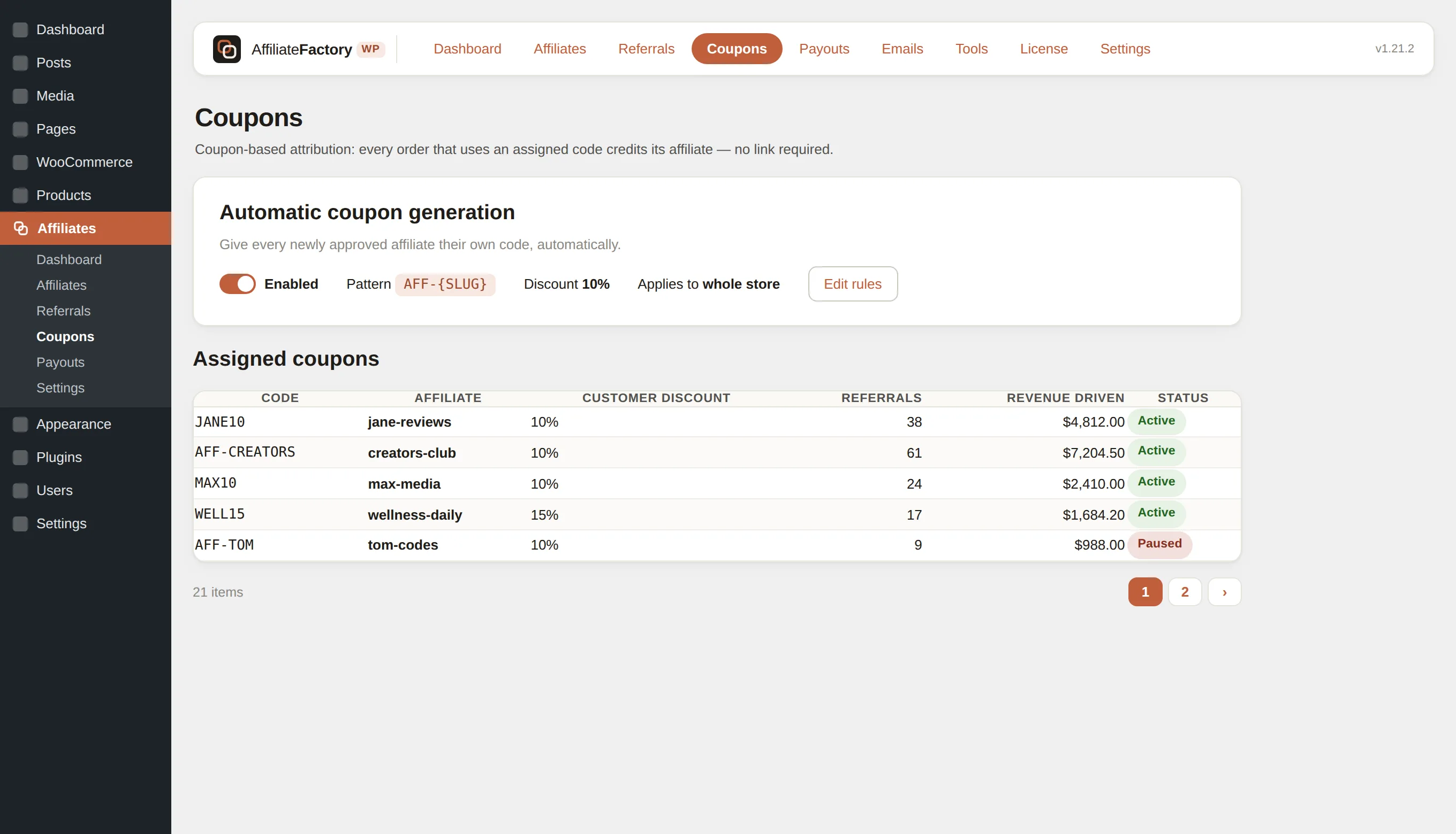 Coupon attribution screen with automatic per-affiliate coupon generation